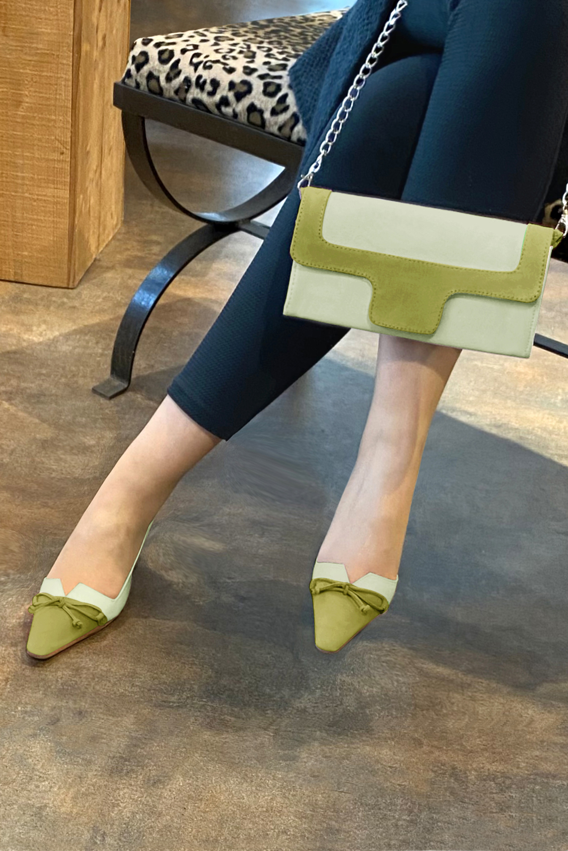 Women's meadow green and pistachio green luxurious elegant clutch for ceremonies, weddings and evenings out. - Worn view